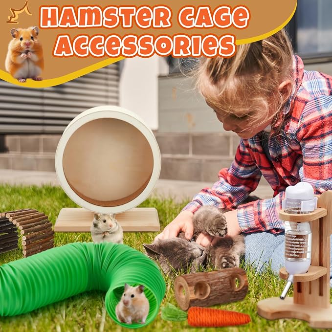 19 Pcs Hamster Cage Accessories & Habitat Set, Wooden Silent Exercise Wheel Wood Hide Out Tree Trunk Tunnel Tube Water Bottle Set Sand Bath Bowl Chew Toys for Dwarf Hamster Gerbil Mouse