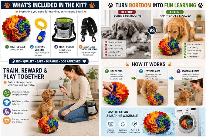 Dog Training Starter Kit with 7.9-Inch (20 cm) Snuffle Ball, Clicker & Treat Pouch