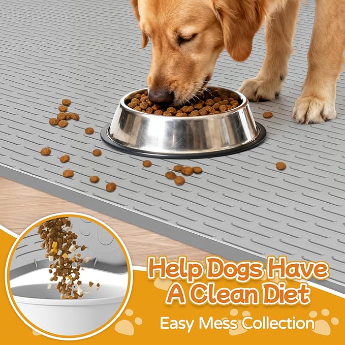 Dog Food Mat, 40" x 28" Large Silicone Mat Dog Feeding Mat with Raised Edge Non-Slip Pet Feeding Mat for Food and Water Bowl, Easy to Clean, Floor Protection (Gray)