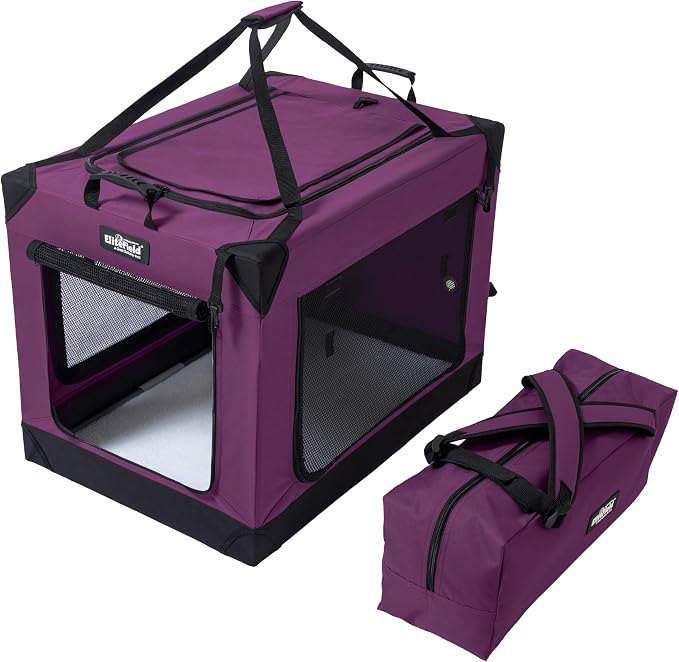 EliteField 4-Door Folding Soft Dog Crate (2-Year Warranty) with Aluminum Frame, Top Curtain, Carrying Bag, and Fleece Bed, Indoor & Outdoor Pet Home (26" L x 19" W x 20" H, Purple)