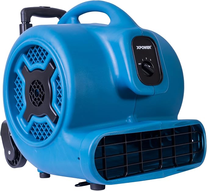 XPOWER P-800H Pro 3/4 HP 3200 CFM Centrifugal Air Mover, Carpet Dryer, Floor Fan, Blower, Telescopic Handle and Wheels, for Water Damage Restoration, Janitorial, Plumbing, Home Use, Blue