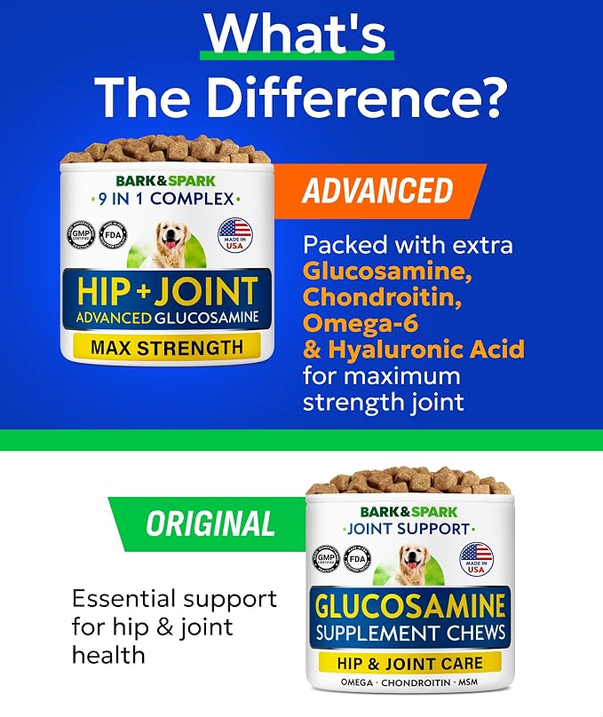 Bark&Spark Senior Advanced Glucosamine Chondroitin for Dogs - Hip Joint Pain Relief - Old Dog Joint Chews Large & Small Breed - Hip Joint Chews Joint Health Care Treats - 120Ct