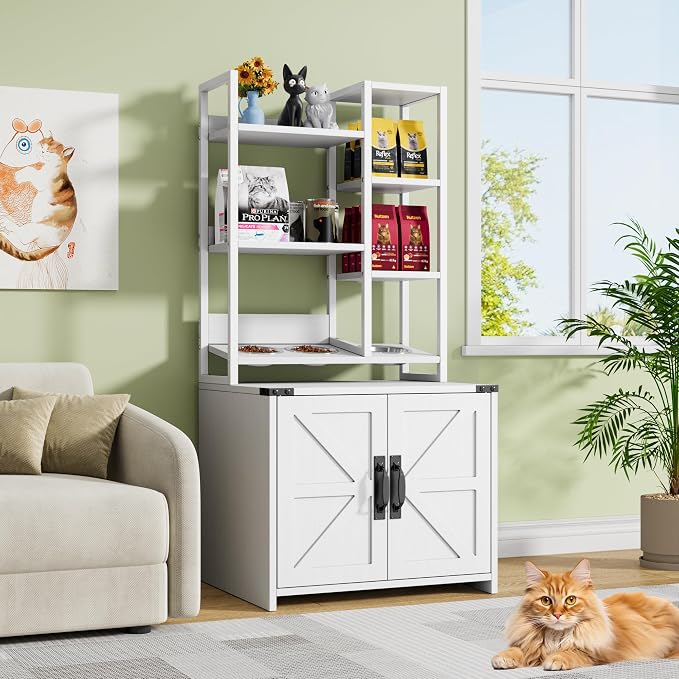 Kepptory Wooden Cat Litter Box Enclosure Furniture with Open Storage Shelves, Hidden Kitty Litter Box Cabinet Side Entrance, Multi-Purpose Cat House Cat Feeder Stand for Indoor Cats, White