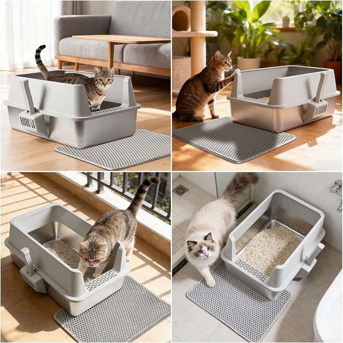 2PACK Stainless Steel Cat Litter Box with High Sides Lid, Extra Large Litter Boxes for Big Cats, XL Metal Kitty Litter Box, Anti-Urine Leakage, Non-Sticky, Easy Cleaning, Include Mat & Scoop
