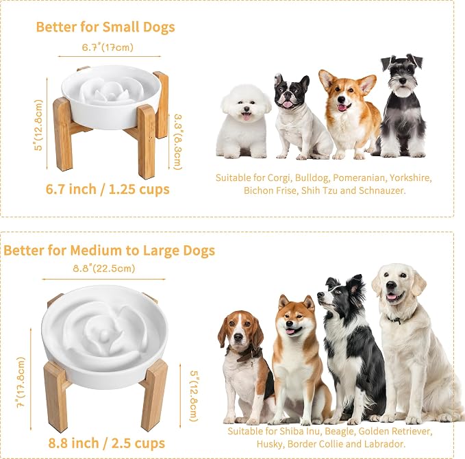 Elevated Slow Feeder Dog Bowl Large Breed, 8.8 Inch Ceramic Slow Eating Bowl with Screw-Assembled Bamboo Stand, Anti-Choking Raised Maze Design for Medium to Large Dogs, 3.2 Cup, White