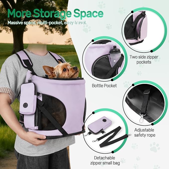 YUDODO Dog Front Backpack Carrier 7-15 lbs, Soft Breathable Pet Front Facing Carrier with Adjustable Straps, Multi-Pocket Design, for Small Dogs & Cats (with Detachable Sling Pouch - Purple)