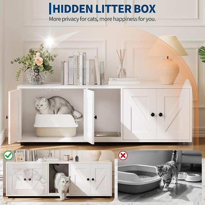 Garvee Cat Litter Box Enclosure for 2 Cats, Hidden Litter Box Furniture Cabinet with Double Room, Double Cat Litter Box Enclosure, Indoor Cat House, 43.4 x 18.1 x 17.7 Inches