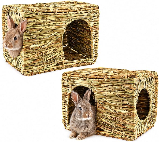 HERCOCCI Extra Large Grass House for Rabbit, Foldable & Comfortable - Small Animal Hut Play Hideaway Bed Hay Mat Chew Toy for Bunny Guinea Pig Hamster Chinchilla (2 Pack)