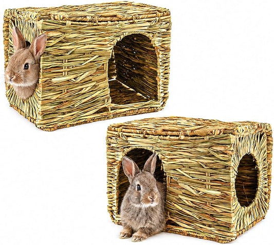 HERCOCCI Extra Large Grass House for Rabbit, Foldable & Comfortable - Small Animal Hut Play Hideaway Bed Hay Mat Chew Toy for Bunny Guinea Pig Hamster Chinchilla (2 Pack)