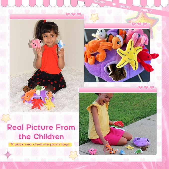 Muiteiur Ocean Sea Stuffed Animals Set,9 Piece Fun Seashell House Plush Set, Soft Educational Toy for Imaginative Play, for Kids Babies