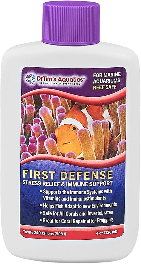 DrTim's Aquatics Reef First Defense Fish Stress Relief and Immune Support – For Reef, Nano, Sea Horse Fish Tanks, Aquariums – Revitalizes Natural Coat – Detoxifies Heavy Metals, Repairs Wounds – 4 Oz. (421)