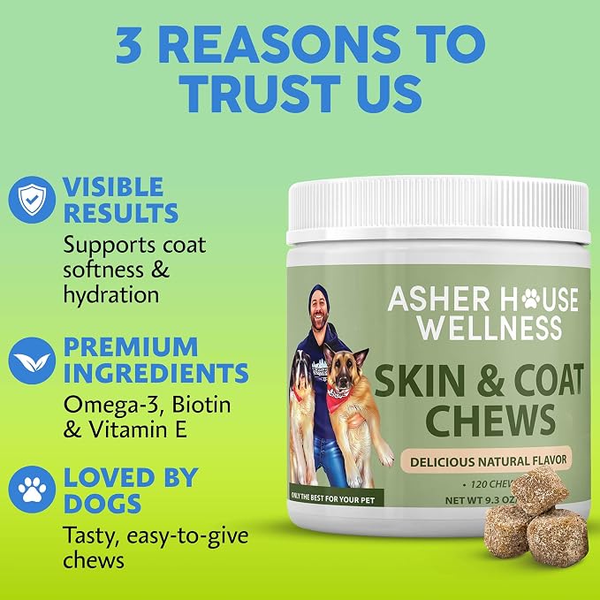 Asher House Wellness Skin & Coat Chews - Now Lillie & Lee - Dog Itching Skin Relief with Omega 3, 6, 9, Fish Oil, Biotin - Dogs Itchy Paw Licking Chewable Treats - 120 Soft Chews