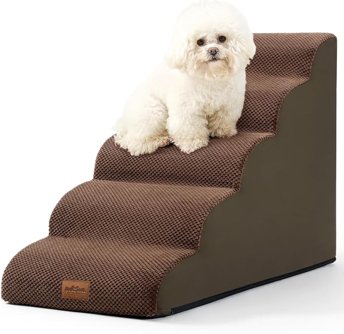 COZY KISS Wide Dog Stairs for Small Dog 22.6" H, Curved Pet Step for Puppy, Older Cat, Curved Ramp for High Bed or Car, Ladder with High Density Foam, Durable, 5 Step, 17.7x33x22.6 inch, Brown