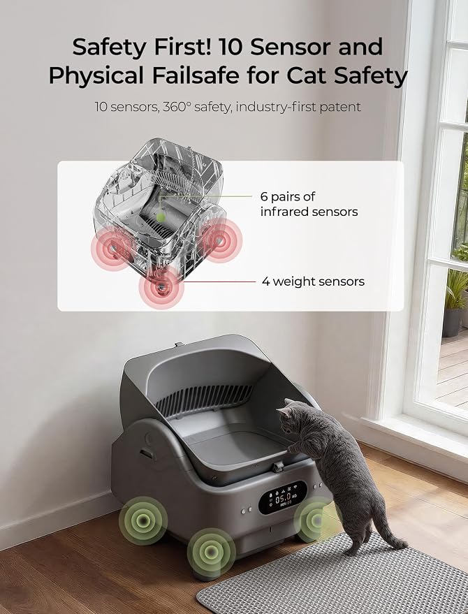 Automatic Litter Box, Cypcat Smart Self Cleaning Cat Litter Box Anti-Pinch, 10 Safety Sensors, Large Cat Litter Boxs for Multiple Cats, Dual 5G & 2.4G WiFi, 6" LED Display, Odor Control Robot, Grey