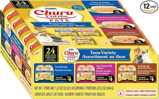 INABA Churu Entrée Pate for Cats, High Protein & Moisture, Prebiotic Wet Cat Food, 1.23oz. per Serving, 24 Servings, Tuna Variety