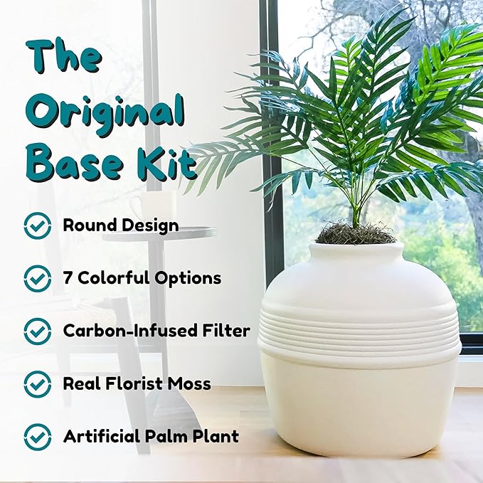Good Pet Stuff Original Hidden Litter Box Planter, Decorative Cat Litter Enclosure, Carbon Filter, Faux Plant, Round Design, Easy to Clean, Base Kit, Palm Plant, Soft White