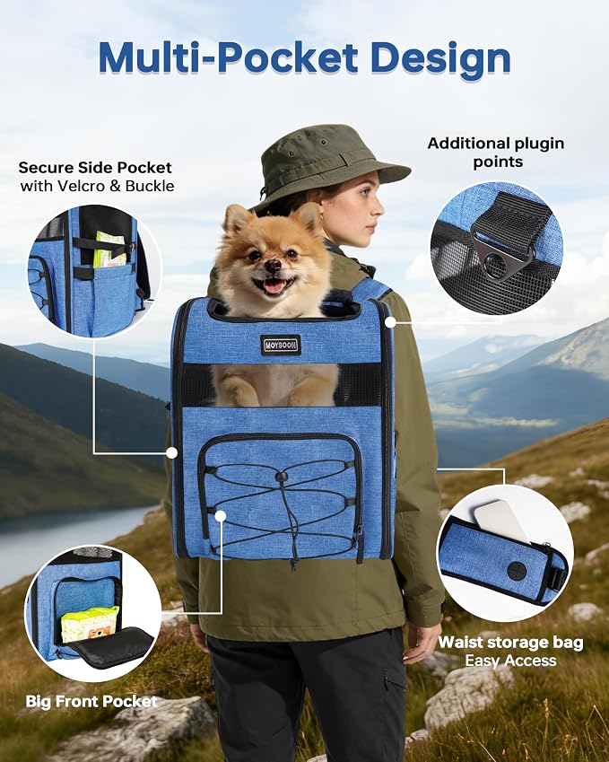 Hiking Dog Carrier Backpack, Adjustable Waist Cushioning Belt with Breathable Padded Back Support, Dog Carrier for Hiking with 5 Pockets, Dog Carrier Backpack for Small Dogs Max 13LB Blue