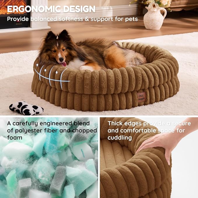 ChiXnuggle Orthopedic Dog Bed for Medium Dogs, Waterproof Faux Rabbit Fur Dog Couch with Egg Crate Foam Support and Washable Removable Cover, Bolster Pet Sofa with Non-Slip Bottom, 30x24x7, Brown
