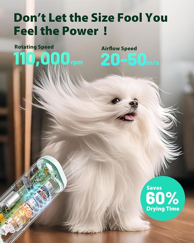 L&W BROS Hands-Free Dog Dryer – Neck Hanging Pet Hair Dryer for Grooming, 110,000 RPM Powerful Airflow, Low Noise, Overheat Protection, Adjustable Heat & Speed for Small & Medium Dogs & Cats (Green)