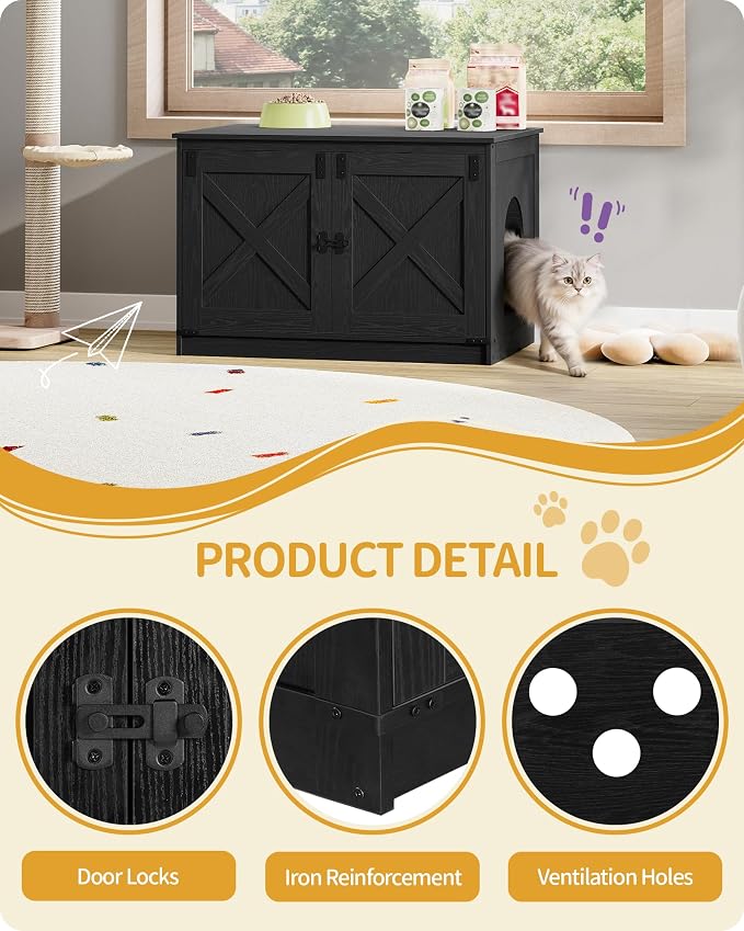 Hzuaneri Cat Litter Box Enclosure with Cushion, Hidden Litter Box Furniture with Removable Dividers, Reversible Entrance Left or Right Side, Cat House, Black CB84604X
