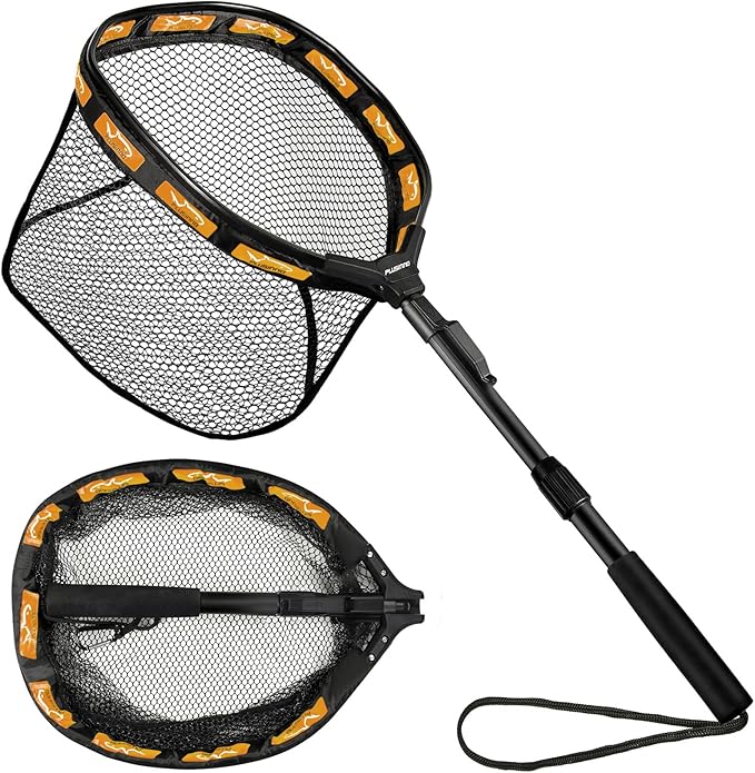 PLUSINNO Fishing Net Fish Floating Landing Net, Kayak Nets with Fixed Foldable Telescopic Pole Handle, Bass Trout Fishing Nets with Nylon Mesh for Pond Lake River, Fishing Gear Gifts for Men Anglers