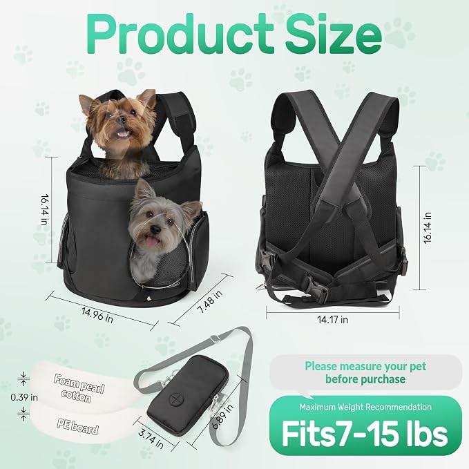 YUDODO Dog Front Backpack Carrier 7-15 lbs, Soft Breathable Pet Front Facing Carrier with Adjustable Straps, Multi-Pocket Design, for Small Dogs & Cats (with Detachable Sling Pouch - Black)