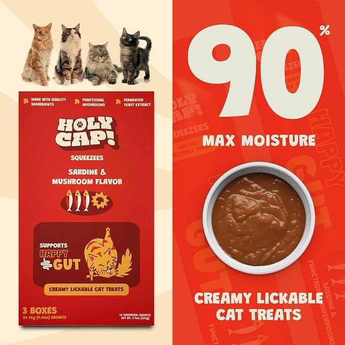 Happy Gut Grain-Free Lickable Cat Treats 15 Squeezable Purée Tubes (0.5 oz Each), Sardine & Pumpkin Flavor, Creamy Cat Purée with Clean Ingredients, Hand-Fed Treat or Meal Topper