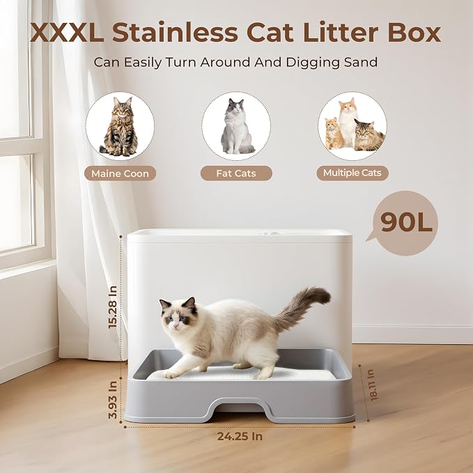 XXXL Stainless Steel Litter Box with Lid, Front Entry & Top Exit, Drawer Design, Scoop & Mat, for Maine Coon, Big & Multi-Cat Homes