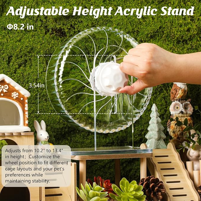 Silent Exercise Wheel with Adjustable Stand for Hamsters, Gerbils, Mice & Small Pets + Free Cleaning Cloth - 8.3" Diameter Running Wheel, Easy Clean, Anti-Slip Track (Transparent)
