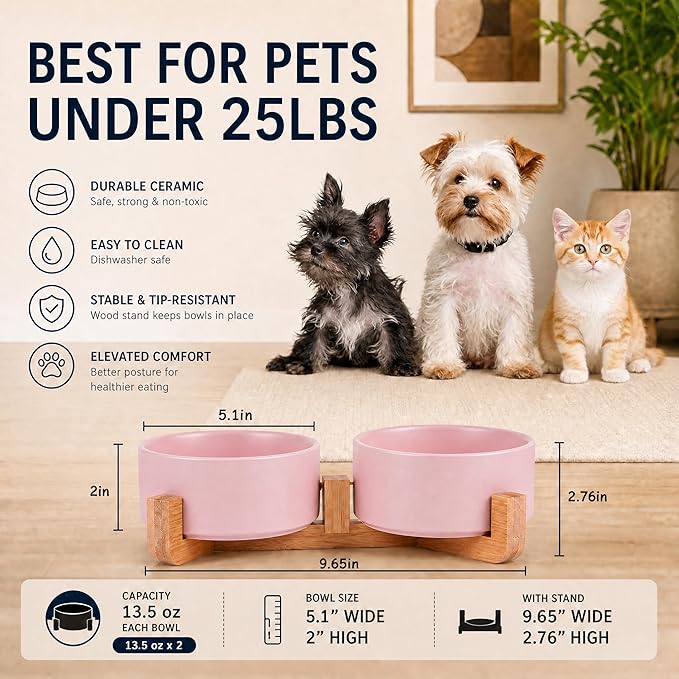 Petygooing Ceramic Cat Dog Bowl Set with Stand,Pink Pet Food and Water Dish,Small Dog Bowls Anti Slip Set of 2 Cat Bowls Pet Food Dishes Pet Bowl Small Size Pet (13.5OZ/5.1 in)