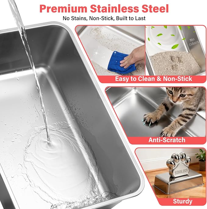 Stainless Steel Litter Box with Lid, XL Extra Large Cat Litter Box for Big Cats, Front & Top Entry Metal Cat Box with Scoop and Mat, Odor-Free, Anti-Urine Leakage, Non-Sticky, Easy Cleaning