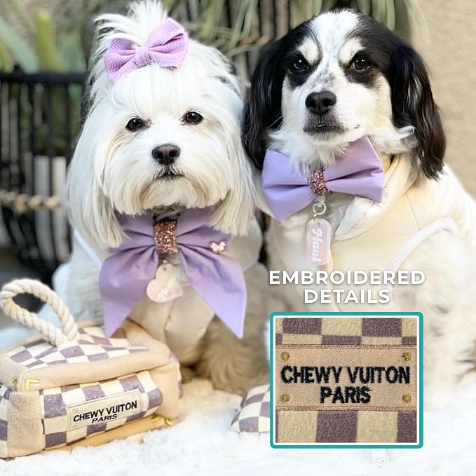 Haute Diggity Dog Chewy Vuiton Trunk Puzzle with 3 Plush Squeaky Dog Toys, Soft Durable Designer-Inspired Stuffed Puppy Chew Toys for Small & Medium Dogs, Machine-Washable (Tan Checker) One Size