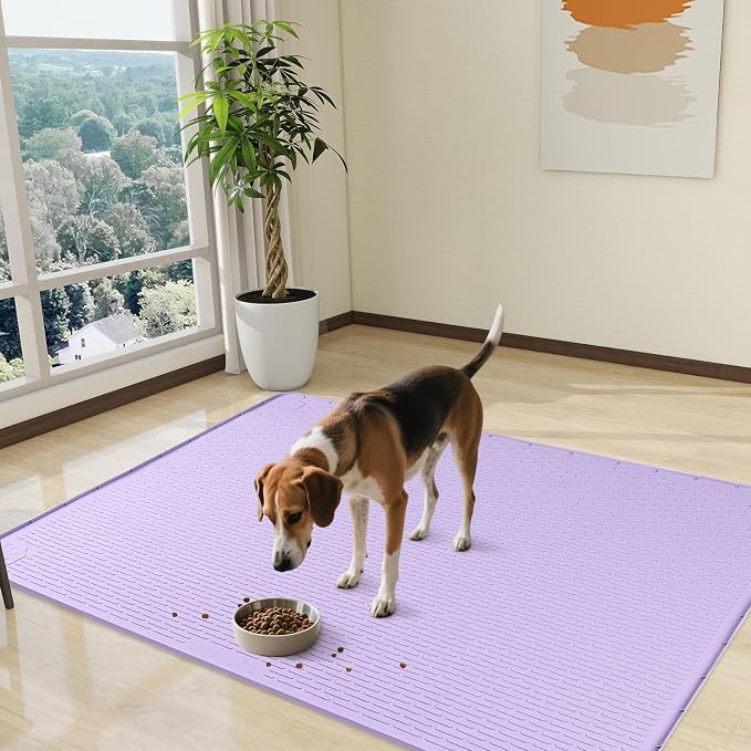 Dog Food Mat, Extra Large 50" x 35" Silicone Pet Feeding Mat with Raised Edge Pet Placemat for Small, Medium, and Large Pets Non-Slip, Easy to Clean (Purple)