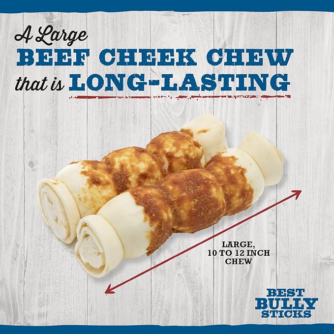 Best Bully Sticks Chicken-Wrapped Beef Cheek Treats - Large 4 Count (Pack of 1) - All-Natural, Collagen-Rich, Rawhide Alternative