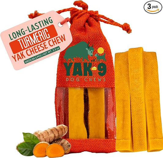 Yak9 Himalayan Yak Chews for Medium Dogs - High Protein, Rawhide Free, Long Lasting Treats - Non GMO, Gluten Free, Grain Free Yak Milk Dog Chew, Extra Large 6oz (for Breeds 40-80 LBS), Turmeric, 3 PC