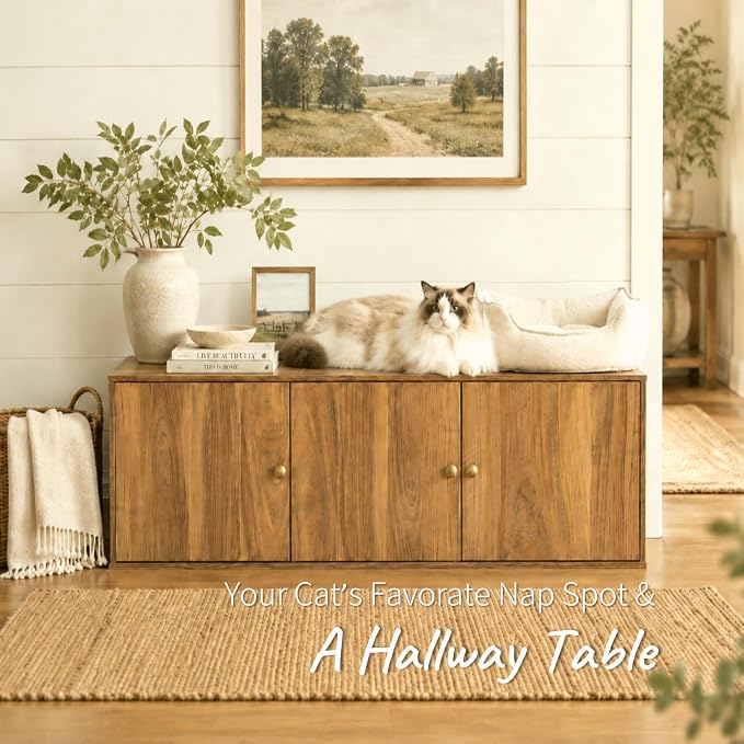 Cat Litter Box Enclosure Furniture with Storage, Hidden Litter Box Cabinet 42.5"L x 18.5"W x 16.9"H Double as Cat House TV Stand End Table for Living Room, Midcentury Modern Style (Oak, Plain Doors)