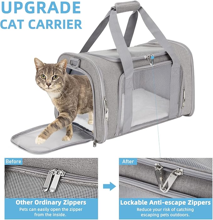 Pnimaund Large Pet Carrier, Soft Sided Cat Carriers for Large Cats Under 20 lbs, Soft Dog Carriers for Medium Dogs Small Dogs, Collapsible Cat Carrier for 2 Cats Travel Carrier - Grey