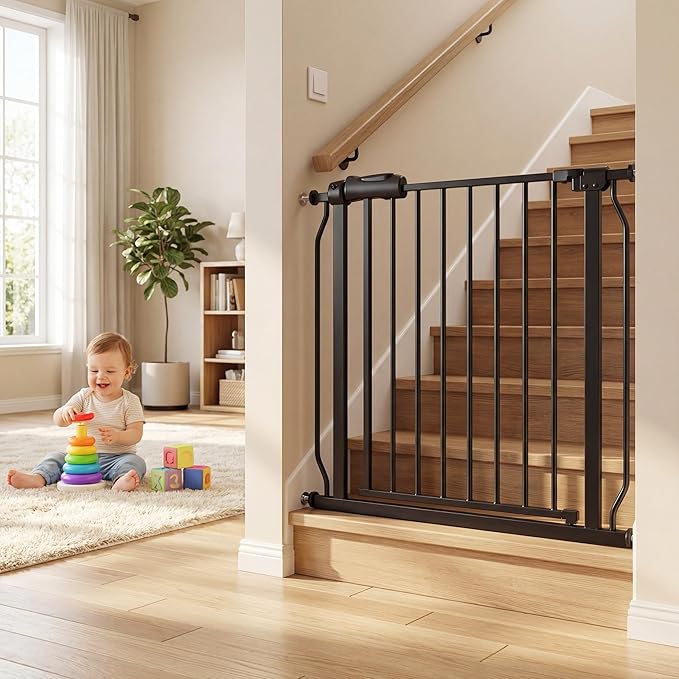 29-34 Inch Baby & Pet Gate - White Metal Pressure Mounted Walk Through Safety Gate for Narrow Stairs & Doorways