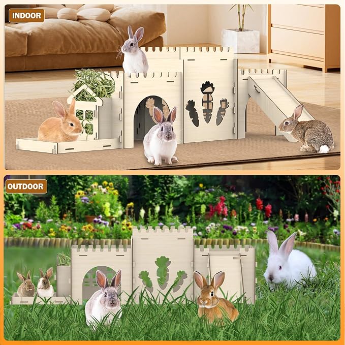 Large Bunny House and Hideouts, Wooden Dual-Layer Rabbit Castle with Stair, Rubber Band-Free Setup - Chew-Proof, Sturdy Habitat for Guinea Pig Chinchilla Ferret