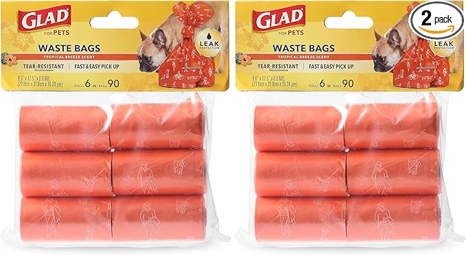 Glad for Pets Heavy Duty Dog Poop Bags, Scented Leak-Resistant Waste Bags with Fun Print Design, Tear-Resistant for Confident Pickup, Fits Standard Dispensers, 6 Rolls, 90 Count (Pack of 2)