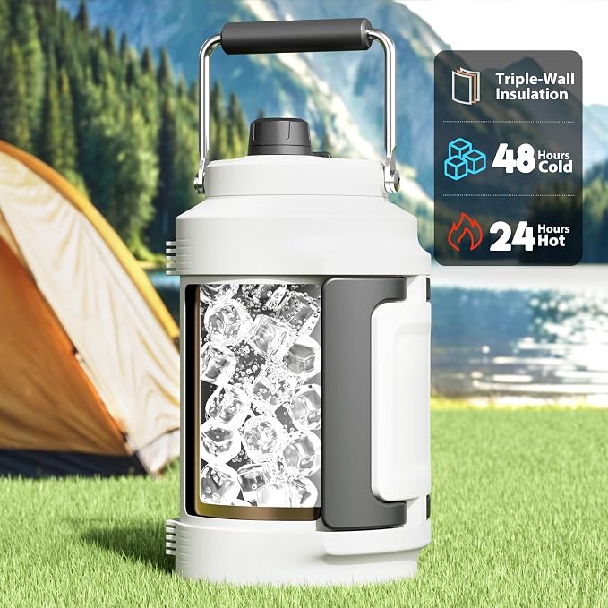 1 Gallon Insulated Water Bottle for Sports: Meoky 128 oz Triple Wall Vacuum Stainless Steel Water Jug - Top and Side Handles, Cold for 48 Hrs, 2-in-1 Straw and Spout Lid, Leak Proof for Hiking (Ivory)