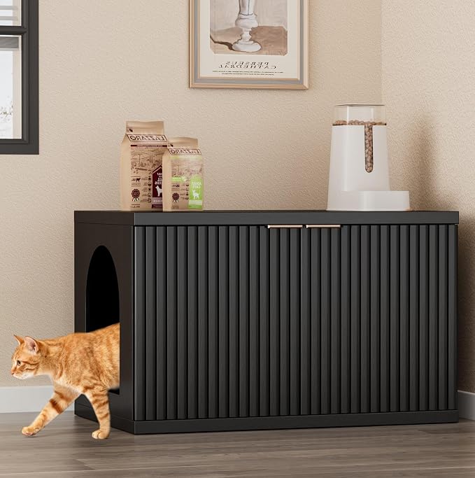Homhedy Cat Litter Box Enclosure, Modern Fluted Accent Cat Washroom Furniture, Pet House, Fit Most of Litter Box, Black