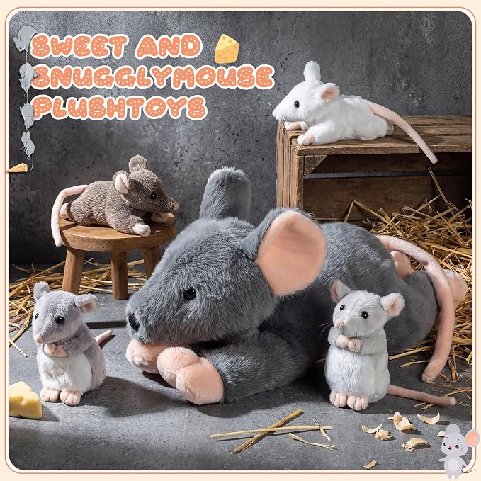 Arrowbash 5 Pcs Mouse Stuffed Animals Set - 14'' Large Mommy Rat Plush with 4 Small Mouse Babies in Zippered Tummy Stuffed Rat Plush Toys for Kids Girls Boys Valentine Birthday Gift(Adorable Style)