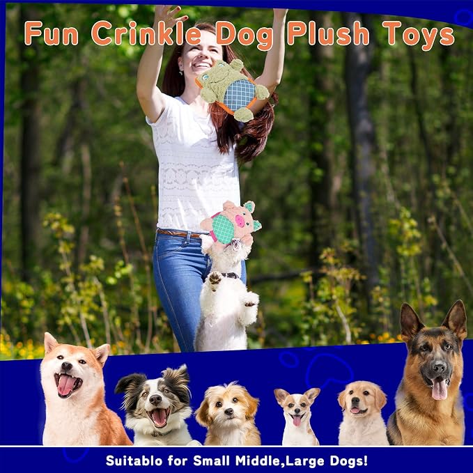 Crinkle Dog Toys Squeaky Plush No Stuffing Cute Puppy Stuffless Tough Rop Pull Toy, Fun Dog Stuffed Animals Durable Chew Set for Small Medium Large Pup (Large, Pink Pig+Green Frog)