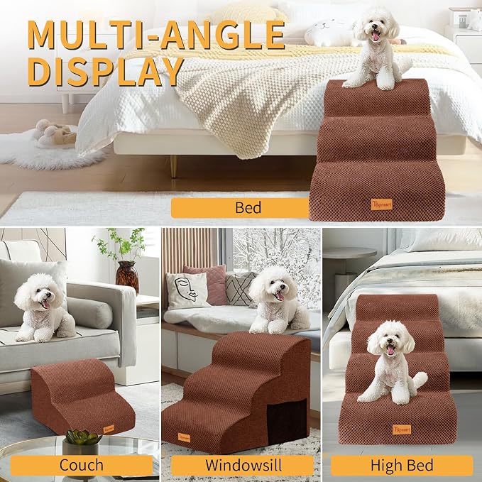 Topmart 3 Tiers Foam Dog Ramps/Steps,Non-Slip Pet Steps,Extra Wide Deep Dog Stairs,High Density Foam Pet Stairs/Ladder,Best for Older Dogs,Cats,Small Pets