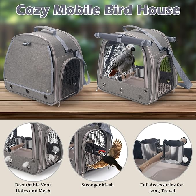 Bird Carrier Parrot Travel Cage with Perch, Food Bowl, Tray and Breathable Clear Window, Bird Travel Bag for African Gray Cockatiel Caique Conure Quaker, for Vetting Camping Hiking (Gray)