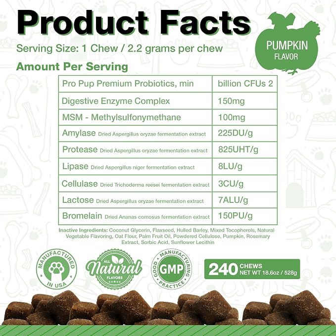 Probiotics for Dogs - Diarrhea Relief, Gut Health Support, Constipation Relief, Digestive Health Support - Vet Recommended Dog Probiotics - 240 Soft Chews that Dogs Love - Pumpkin Flavor