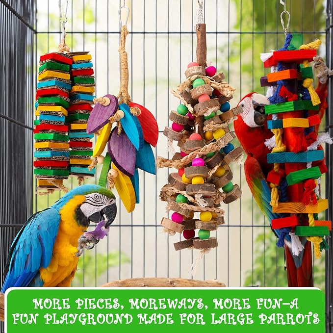 Soulchen 4 Pcs Extra Large Bird Parrot Toy Set Natural Wooden Chewing Toy, Rattan Ball, Wood Nut Loofah String (Bagged) for Large Macaws, African Grey, Parrots (Wood Leaf)