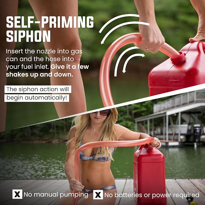 1” x 6’ Self-Priming Shaker Jiggler Siphon Hose, FlowPro Siphon Gas & Fuel Transfer Pump, Gas Can Siphon for Boats, Jet Ski, Pontoon. Water Siphon Pump for Hot Tub Drain and Cold Plunge | 10 GPM