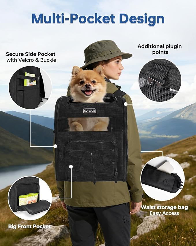 Hiking Dog Carrier Backpack, Padded Height-Enhancing Design, Adjustable Waist Cushioning Belt with Breathable Padded Back Support, Dog Carrier Backpack for Small Dogs Max 13LB Black with Pad